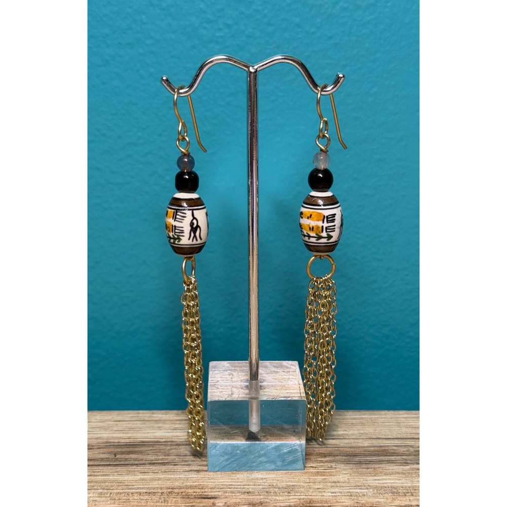Artisan Greek Revival Earrings Hand-Painted Bird Ceramic Dangle Fringe Tassel